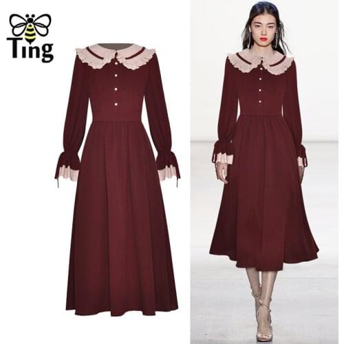 Tingfly Vintage Elegant Lace Peter Pan Collar Casual Midi Long Dress Spring Autumn Streetwear A Line Dress Vestidos Zaful Chic