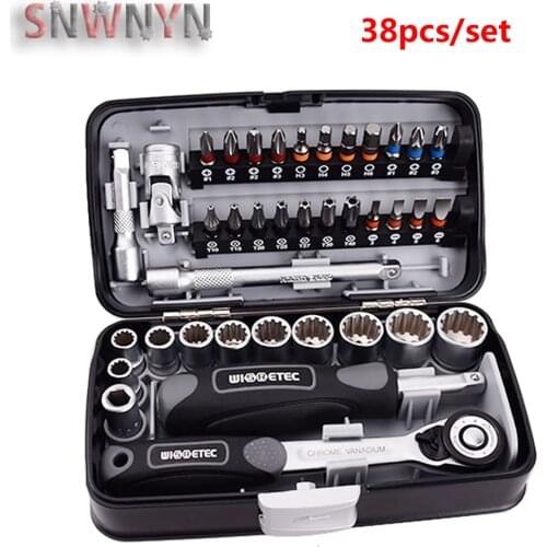 Portable Mini 38PCS Ratchet Wrench Set 1/4 Socket Set Screwdriver Head Hex Trox Slot Bit Bike Repair S2 Hardware Hand Tool Set
