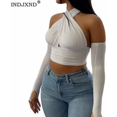 INDJXND Women Cross Tank Tops Sexy Long Sleeve Solid Color Front Hollow Out Party Club Streetwear Summer Lady Cotton Clothes