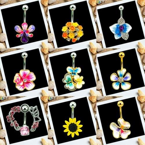 JINGLANG Fashion Hot Flowers Belly Button Rings piercing Surgical Steel Dangle Heart Navel Sexy Body Piercing Bar Jewelry 6PCS