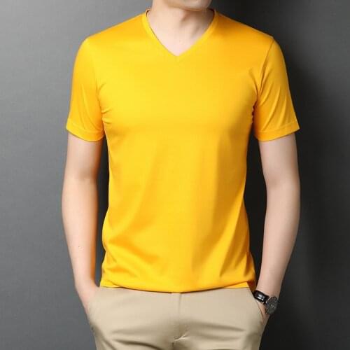 33.2% mercerized cotton 50.1% viscose t shirt men Gold yellow summer short sleeve tshirt solid color V-neck Brand tops plain new