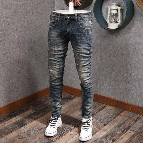 Italian Style Fashion Men Jeans Retro Blue Elastic Cotton Distressed Ripped Jeans For Men Vintage Designer Slim Fit Denim Pants