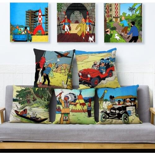 The Adventures of Tintin Print Throw Pillow Cover 45*45cm Textile Cushion Cover Linen Pillow Case Sofa Home Decor Pillows Cases