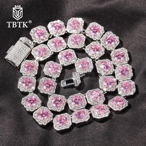 TBTK Iced Out Bling Pink Purple Yellow Square Baguette CZ Paved Link Chain Choker Necklace Hiphop Jewelry For Gift