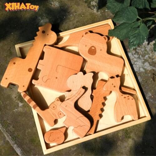 XIHATOY Animal Wooden Block Puzzle Play Box Northern Europe Giraffe Elephant Toys Cute Forest Balance Set Kids Christmas Gift