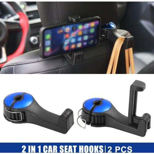 2pcs Car Seat Headrest 2 in 1 Seat Back Hooks Hanger Organizers with Phone Holder Universal for Handbag Purse Car Accessories