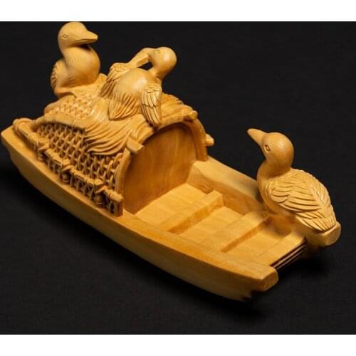 Boxwood Carving Room Solid Wood Chinese Style Home Creative Carving Crafts Cormorants Osprey Bamboo Raft Boat Tea Decoration