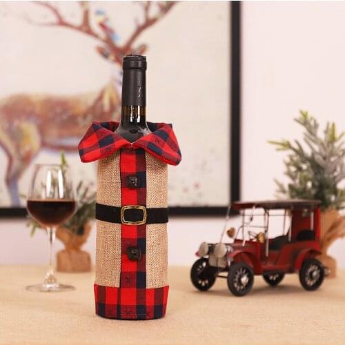 Christmas Wine Bottle Cover Nordic Style Linen Plaid Clothes Decorative Wine Bottle Cover Christmas Decorations