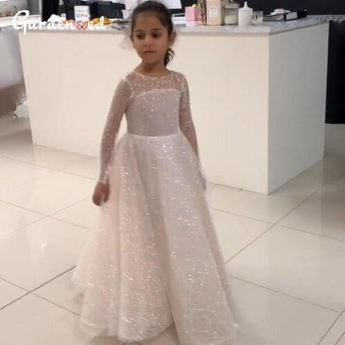 Glitter Flower Girl Dresses Illusion Sleeve Backless Girl Party Dresses Aline Girl Princess Dress robe de princesse fille