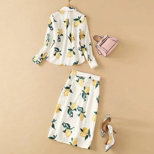 Pieces Office Ladies 2 Sets 2021 Spring Summer High Quality Shirt + Slim Splited Skirt Printed Women Twinsets