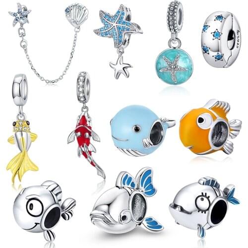Blue Starfish Fish Charms 925 Sterling Silver Pendant Zircon Ocean World Beads Fit DIY Bracelet Necklace Jewelry Making