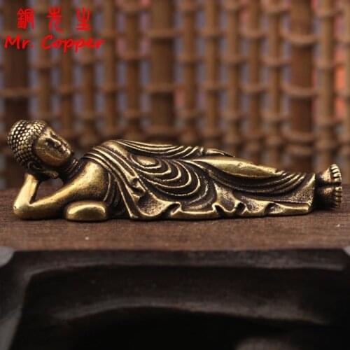 Solid Pure Brass Buddha Small Ornament Figurines Antique Copper Guanyin Sleeping Buddha Statue Desk Decorations Home Decor Craft
