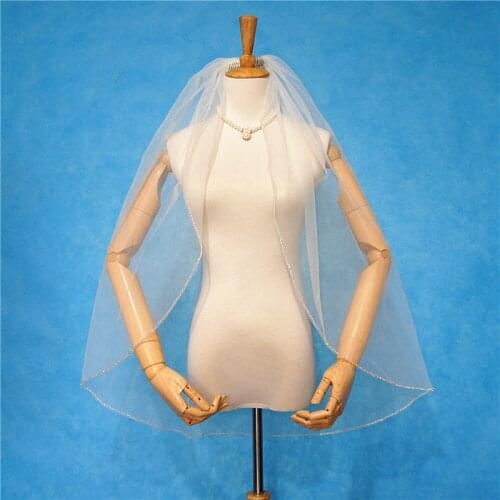 High Quality Handmade Beaded Wedding Veil Fingertip Champagne Bridal Veil Metal Comb in White Ivory Champagne