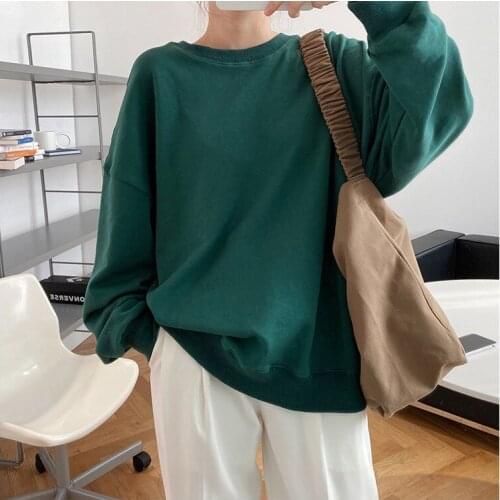 2020 Autumn Sleeve Casual O-Neck Loose Style Cotton Long Hoodies Blue Green Color Women Tops