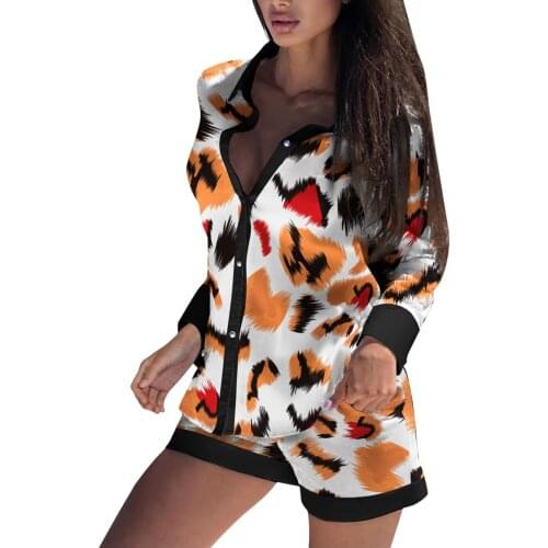 2021 Women Cotton Sets Printing Long Sleeve Buttoned Shirt Top Shorts Set Two Piece Set Shirt Top And High Waist Short Pants