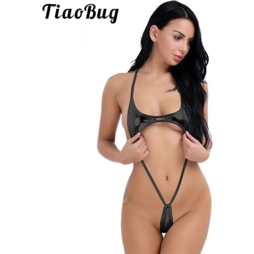 TiaoBug Women Solid Color Patent Leather Bathing Suit Adult Halter One-Piece Sexy Swimsuit Bikini Thong Bodysuit Beach Swimwear