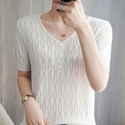 Chic oversize casual summer Basic Sweater button v-neck short sleeve crop Sweater pullovers Women 2021 loose Pullover female