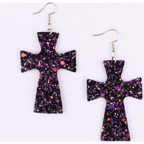 10 Colors Glitter Cross Leather Dangle Drop Earrings for Women