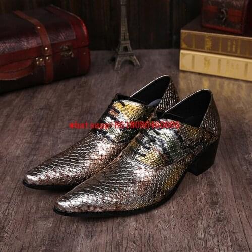 2017 luxury brand snake skin leather mens shoes high heels pointed toe oxfords glitter dress wedding shoes size12