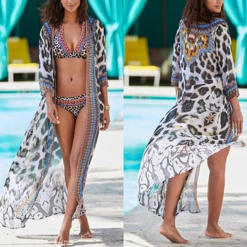 2021 Beach Kaftan Print Leopard Swimsuit Cover up Chiffon Robe Sarong Beach Pareo Bikini cover up Tunic for Beach Vestidos Mujer
