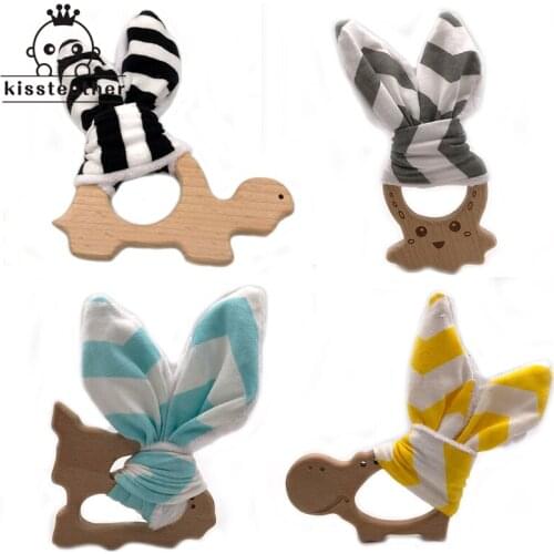 4pc Baby Teethers Wood Animal with Fabric Wooden Training Sensory Baby Aid Handmade Ring Teething Newborn Mom Rabbit Ears Teethe
