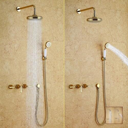 Free ship wall mounted gold PVD finish waterfall rainfall shower and bath tub faucet mixer tap NEW