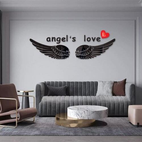 Large Size 3D Black Spread Wings Angel Love Shape Living Room Bathroom Adhesive Acrylic Mirror Wall Sticker Creative Home Decor