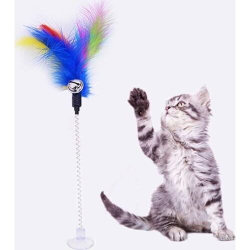 Pet Cat Toys Teaser Wand Feather Stick Spring Suction Cup Pet Teaser Interactive Wand Funny Toy with Bell