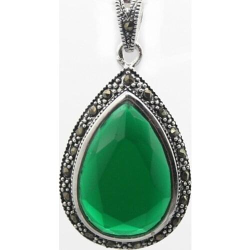 Free shipping Fashion 40*20Faceted Green Natural JADE 925 Sterling Silver Marcasite Waterdrop Pendant