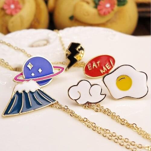 Cute Brooches Badges With Metal Chain Planet Lightning Mount Cloud Eat Egg Enamel Pins Bag Shirt Lapel Collar Pin Women Jewelry