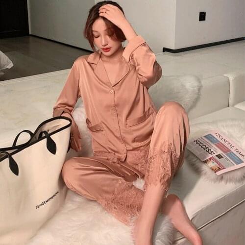 Sweet Sexy lace satins ice silk women pajamas sets Korea elegance long sleeve trousers sleepwear women pyjamas 99111