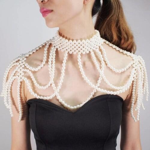 Simulated Pearl Beads Body Necklace for Women Fake Collar Bib Jewelry Shoulder Chain Tassels Harness Choker Dickey