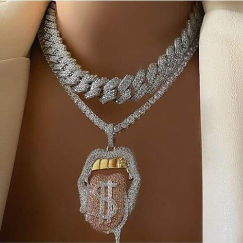 Hiphop Fashion Big Tongue With Dollar Pendant Tennis Necklace Full Iced Out Bling 5A Cubic Zircon Hallows'Day Gift For Men Women