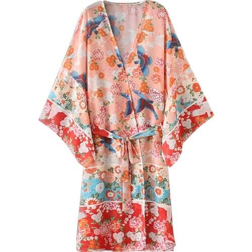 HStar 2020 New Women Chiffon Kimono Cardigan Floral Printed Long Sleeve Belt Casual Loose Long Outerwear Cover Up Beachwear