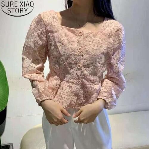 New Sweet Square Collar Slim Women Blouses women Embroidery Floral Lace Shirts Elegant Female Tops Clothing Blusas Mujer 15599