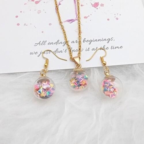 Color Lucky Wishing Star Glass Bottle Starry Sky Crystal Ball Handmade Original Earrings Earrings Pendant Necklace Set