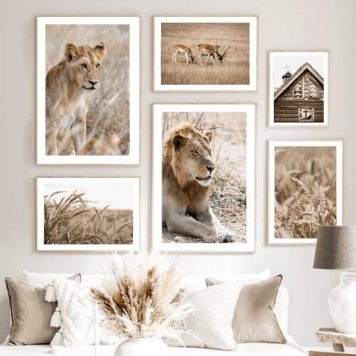 Grassland Landscape Deer Lion Barley House Nordic Posters And Prints Wall Art Canvas Painting Wall Picture For Living Room Decor