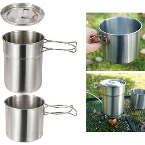 Portable 2pcs Camping Cup Kit w/ Folding Handles Cookware Pot Cooking Bowl Outdoor Backpack Tool