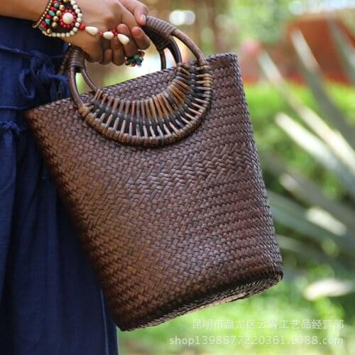 22 style straw bag rattan wooden handle retro woven bag bucket bag large vacation beach bag