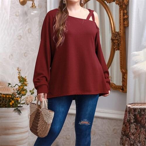 2021 Spring Autumn Women Long Sleeve Blouse Plus Size 4XL 5XL Elegant Cross One Shoulder Off Sexy Blouse Solid Ladies Tops