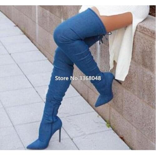 Woman Gladiator Blue Denim Over Knee Boots Bandage Slim Pointed Toe Slim Leg Long Boots Nightclub Woman Dress Pump Shoes