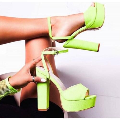 Choudory Lime Green Suede Platform Sandals Women Sexy Chunky Heel Open Toe Dress Shoes Ankle Buckle Strap Evening Pumps Size46