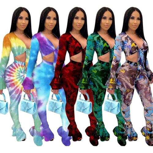 OMILKA Ruffle Printed 2 Piece Set Women Long Sleeve Crop Top and Long Pants Set 2020 Summer Sexy Club Party Mesh Outfits