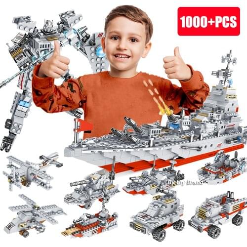 1000PCS WW2 Military Creator Series Army Battle Cruiser Modern Warship Fighter Robot Tank Building Blocks Toys Boys Gift 26in1