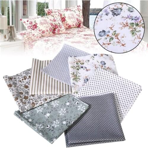 2019 7pcs 25*25cm Cotton Fabric Dot Striped Floral Printed Assorted Squares Pre-Cut Quilt Quarters Bundle Gray DIY Patchwork