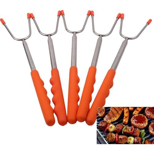 5 Pcs Roasting Sticks Extendable Fork Camping Skewers Hot Dog Telescoping Marshmallow stick Barbecue Fork BBQ Tool