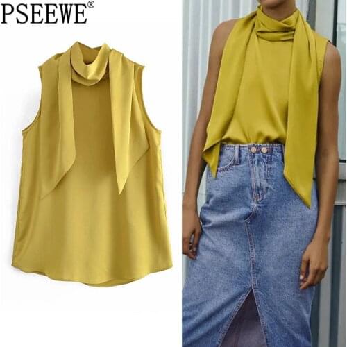 PSEEWE Za Women Blouse Yellow Satin Top Woman Sleeveless Top Women 2021 Fashion High Scarf Neck Loose Summer Elegant Blouses