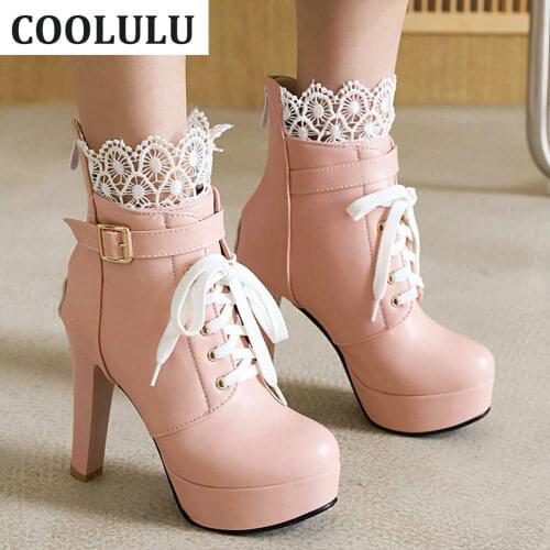COOLULU Heeled Lace Up Ankle Boots for Women Lolita Shoes Platform Thick High Heel Booties Woman Shoes High Heels Sexy Boots