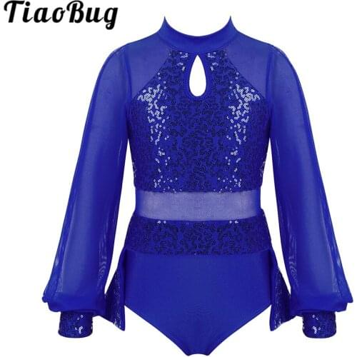 TiaoBug Kids Girls Shiny Sequins Split Long Sleeves Tulle Splice Ballet Gymnastics Leotard Dress Stage Performance Dance Costume