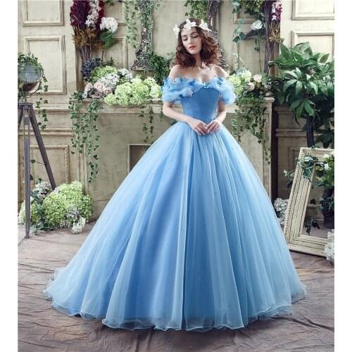 2021 Blue Ball Gown Prom Dress New Movie Princess Cinderella Cosplay Off The Shoulder Organza Long